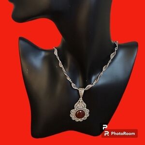 DGS Sterling Silver Turkish filigree wavy marquise Carnelian Necklace